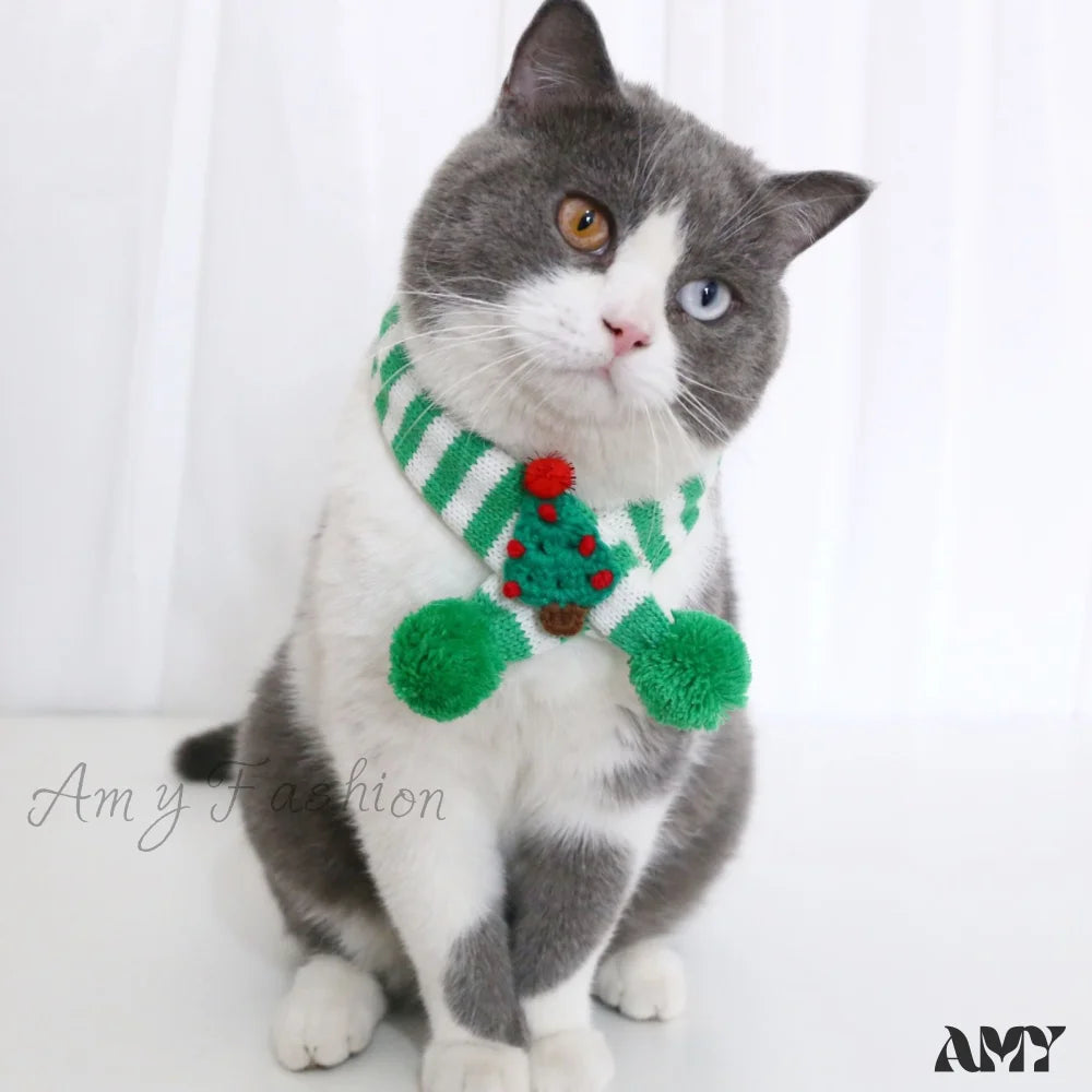 Amy Fashion - Cat Dog Knitted Wool Striped Christmas Scarf