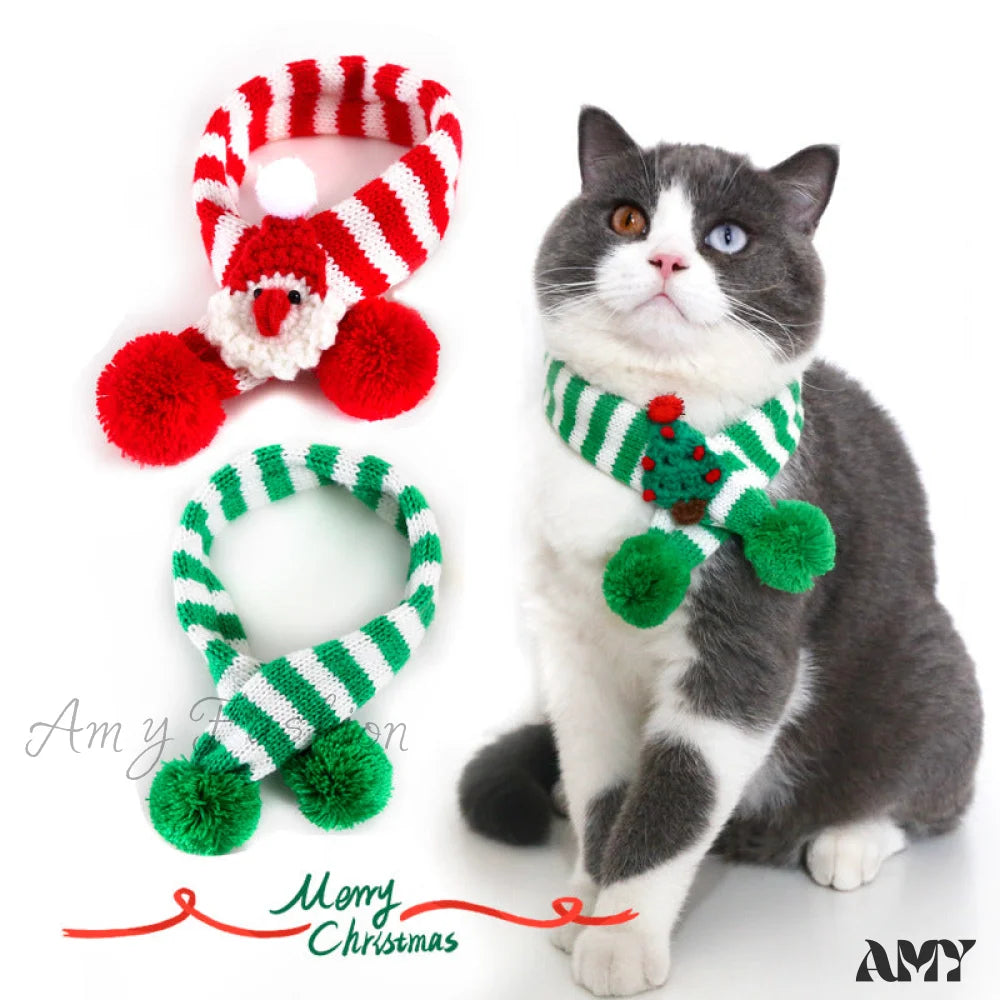 Amy Fashion - Cat Dog Knitted Wool Striped Christmas Scarf