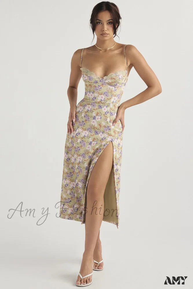 Amy Fashion - Chest Draped Zipper Side Split Sexy Long Dresses Multi / S