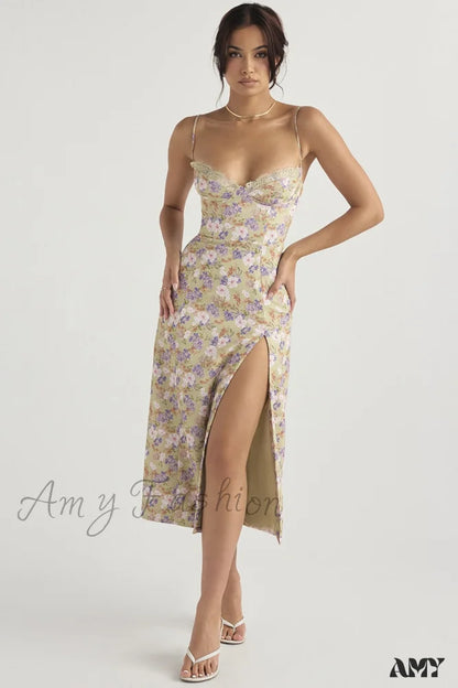 Amy Fashion - Chest Draped Zipper Side Split Sexy Long Dresses Multi / S