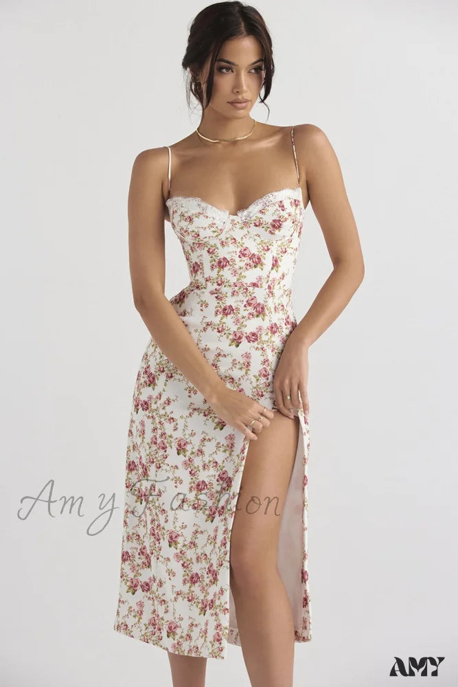 Amy Fashion - Chest Draped Zipper Side Split Sexy Long Dresses Whiterose / S