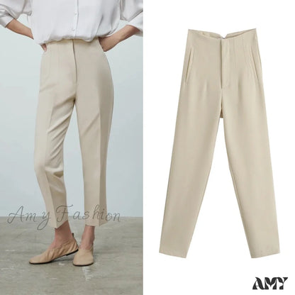 Amy Fashion - Chic Button Zip Elegant Pink Casual Pants