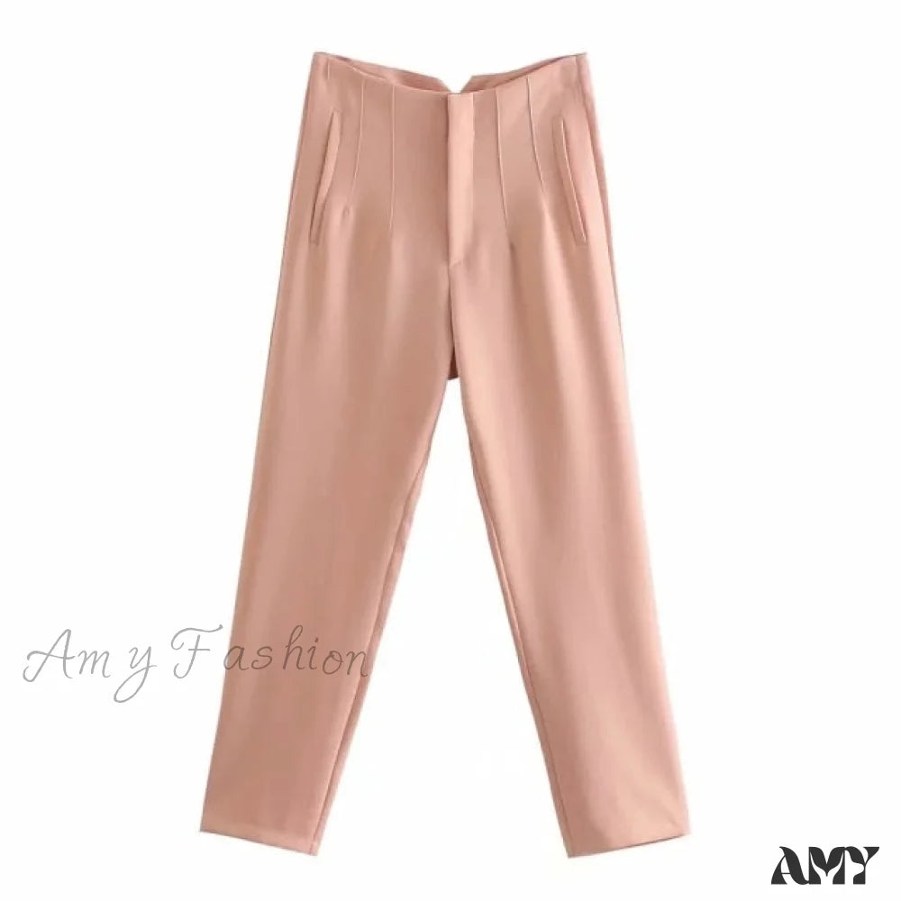 Amy Fashion - Chic Button Zip Elegant Pink Casual Pants Apricot / Xs