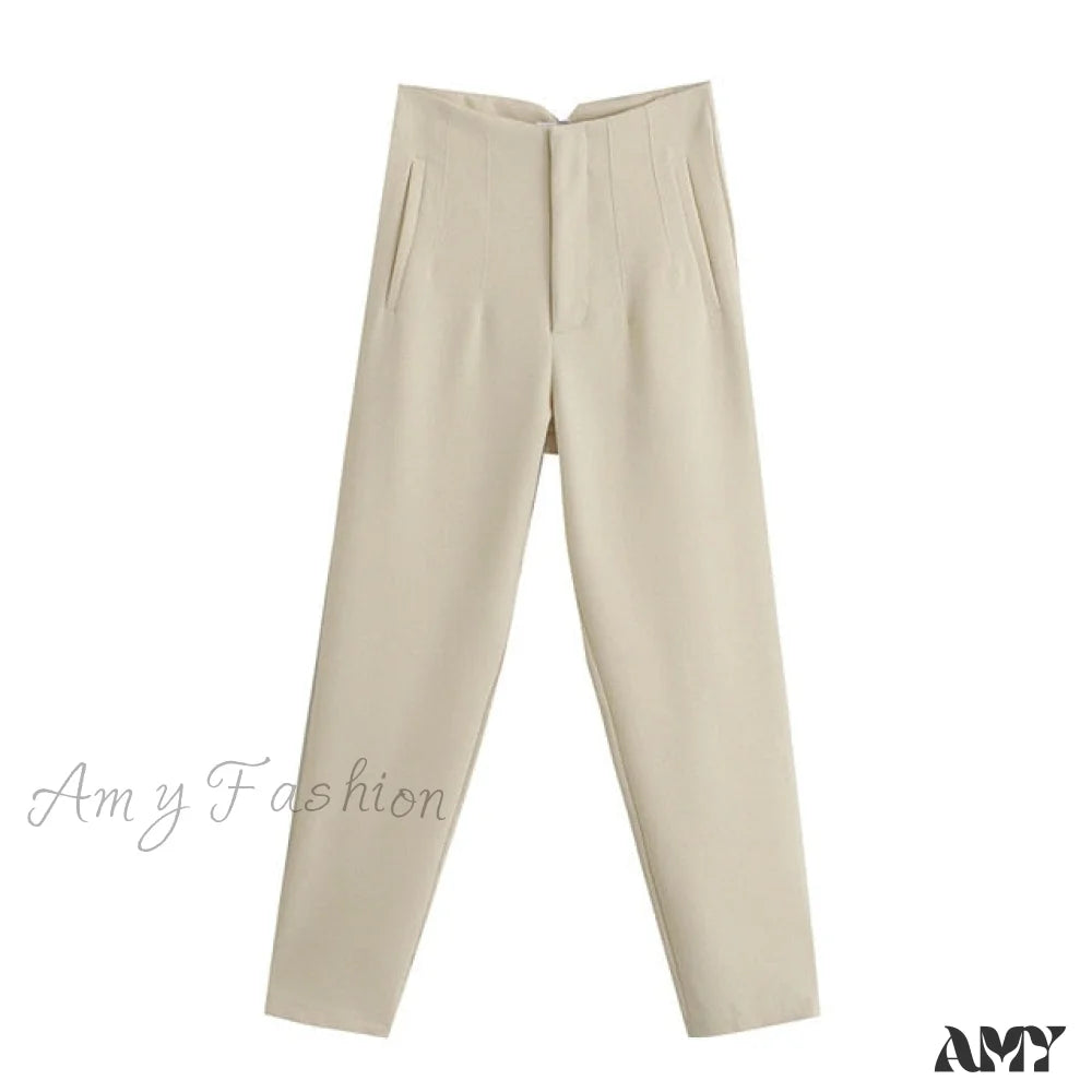 Amy Fashion - Chic Button Zip Elegant Pink Casual Pants Beige / Xs