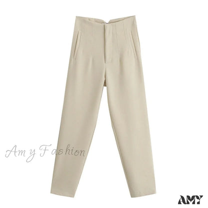 Amy Fashion - Chic Button Zip Elegant Pink Casual Pants Beige / Xs