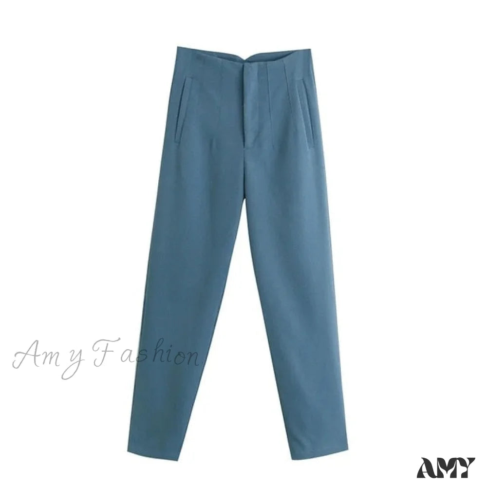 Amy Fashion - Chic Button Zip Elegant Pink Casual Pants Blue / Xs