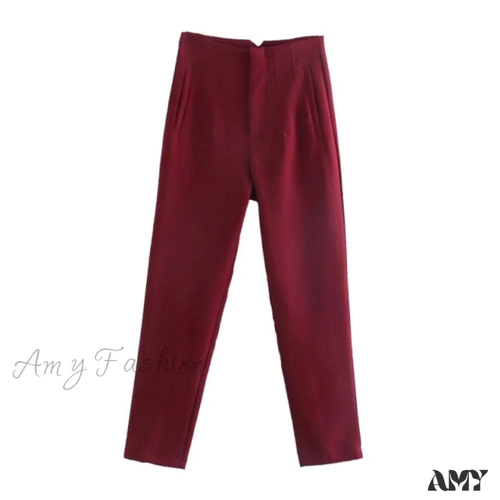 Amy Fashion - Chic Button Zip Elegant Pink Casual Pants Claret / Xs