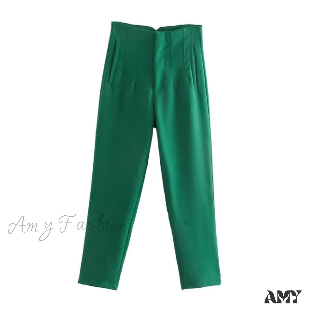 Amy Fashion - Chic Button Zip Elegant Pink Casual Pants Dark Green / Xs