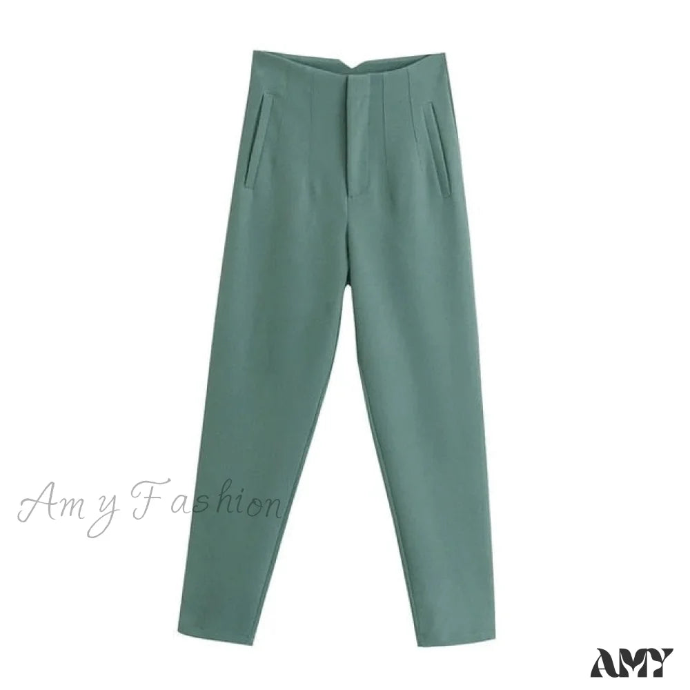 Amy Fashion - Chic Button Zip Elegant Pink Casual Pants Green / Xs