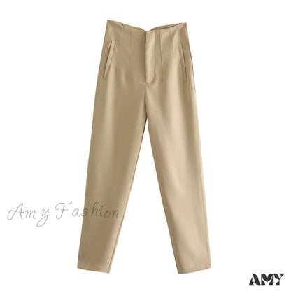 Amy Fashion - Chic Button Zip Elegant Pink Casual Pants Khaki / Xs