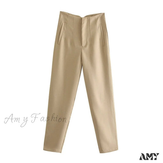 Amy Fashion - Chic Button Zip Elegant Pink Casual Pants Khaki / Xs