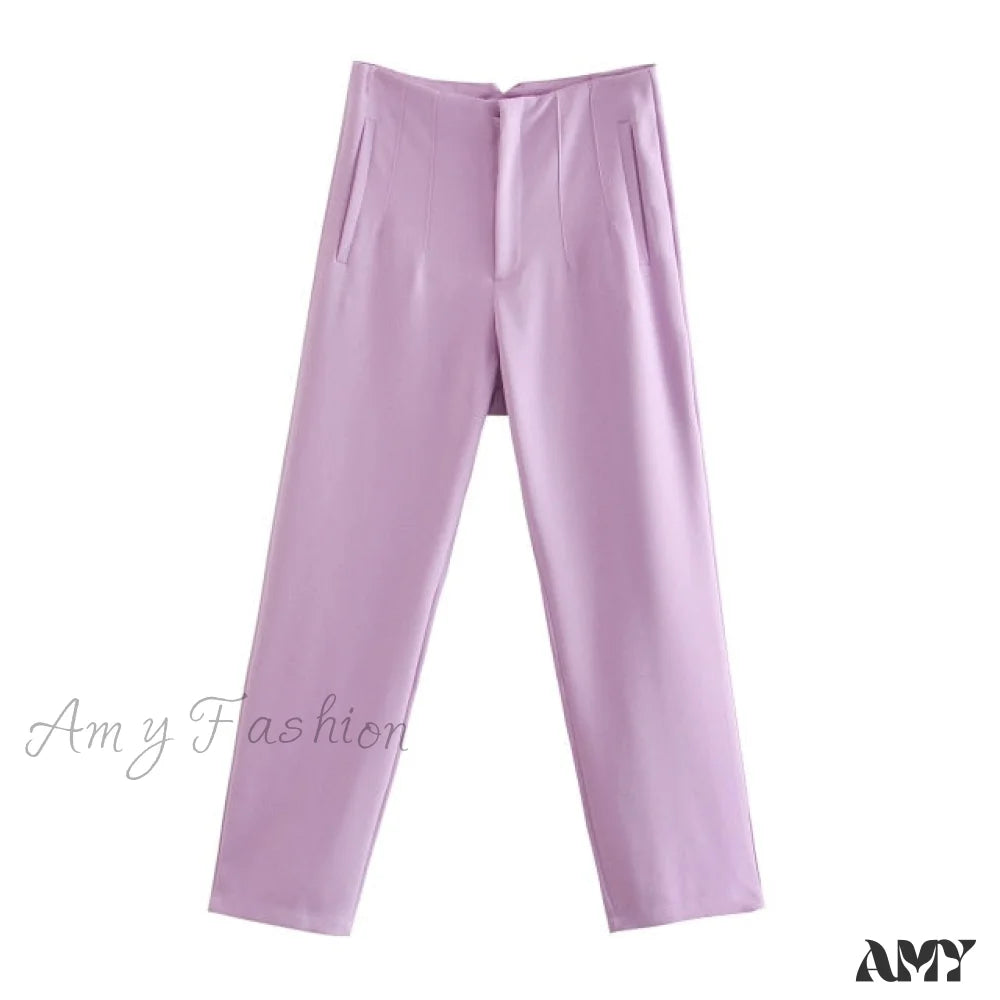 Amy Fashion - Chic Button Zip Elegant Pink Casual Pants Lavender / Xs