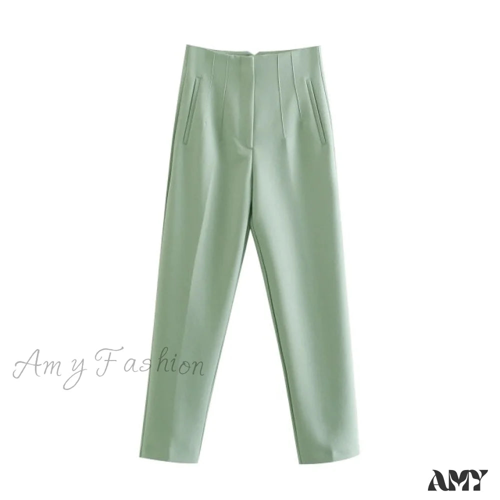 Amy Fashion - Chic Button Zip Elegant Pink Casual Pants Light Green / Xs