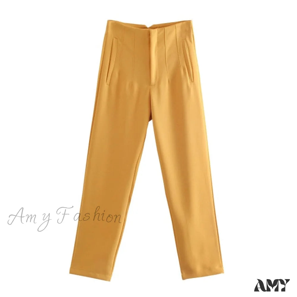 Amy Fashion - Chic Button Zip Elegant Pink Casual Pants Orange / Xs