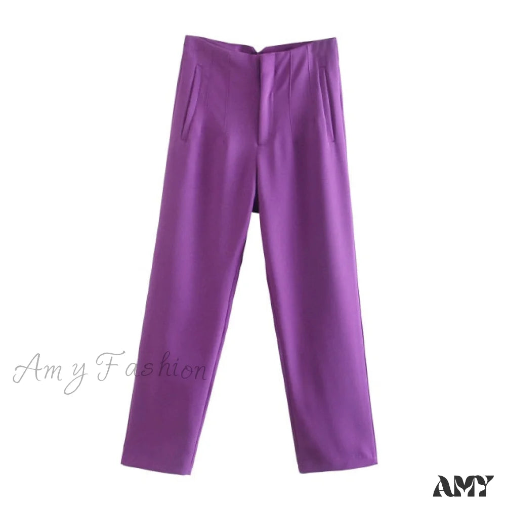 Amy Fashion - Chic Button Zip Elegant Pink Casual Pants Purple / Xs