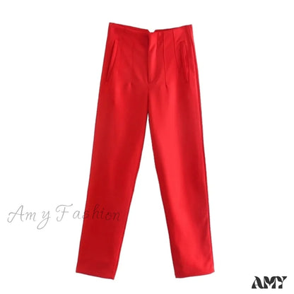 Amy Fashion - Chic Button Zip Elegant Pink Casual Pants Red / Xs