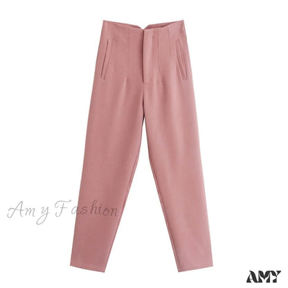 Amy Fashion - Chic Button Zip Elegant Pink Casual Pants / Xs