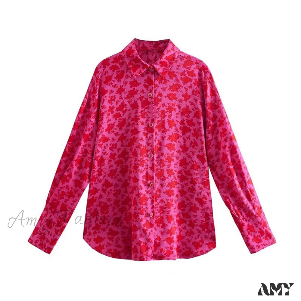Amy Fashion - Chic Lady Long Sleeve Floral Print Blouses Rose Red / Xs