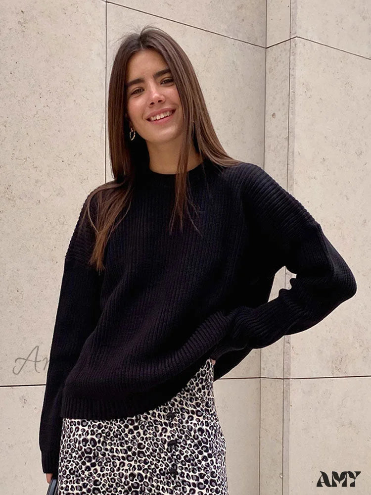 Amy Fashion - Chic O-Neck Elegant Knitted Sweater Pullovers Black / S