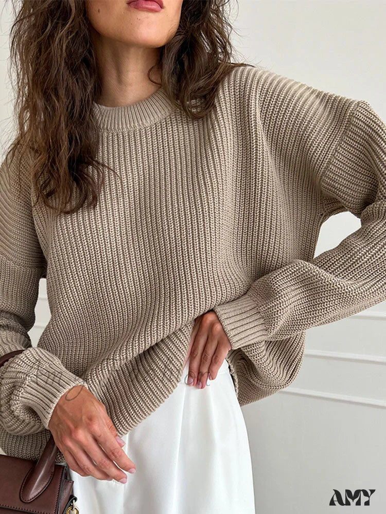 Amy Fashion - Chic O-Neck Elegant Knitted Sweater Pullovers Khaki / S