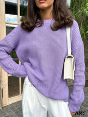 Amy Fashion - Chic O-Neck Elegant Knitted Sweater Pullovers Purple / S