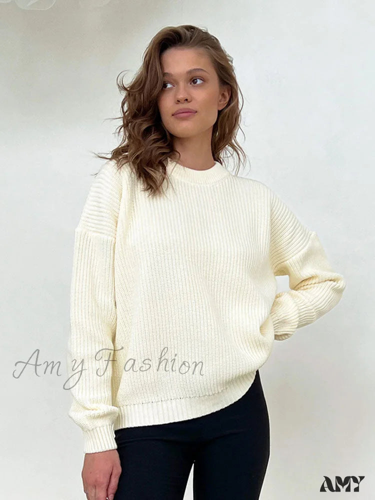Amy Fashion - Chic O-Neck Elegant Knitted Sweater Pullovers White / S