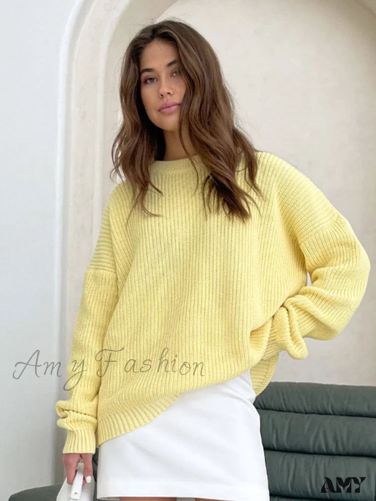 Amy Fashion - Chic O-Neck Elegant Knitted Sweater Pullovers Yellow / S