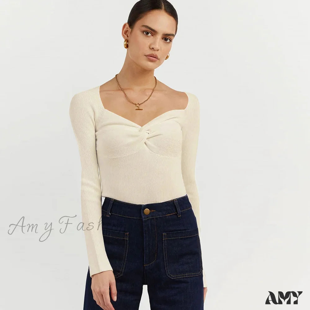 Amy Fashion - Chic Square Collar Short Sweaters Pullover Apricot / S