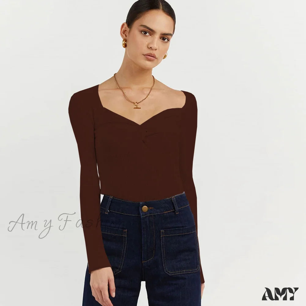 Amy Fashion - Chic Square Collar Short Sweaters Pullover Coffee / S