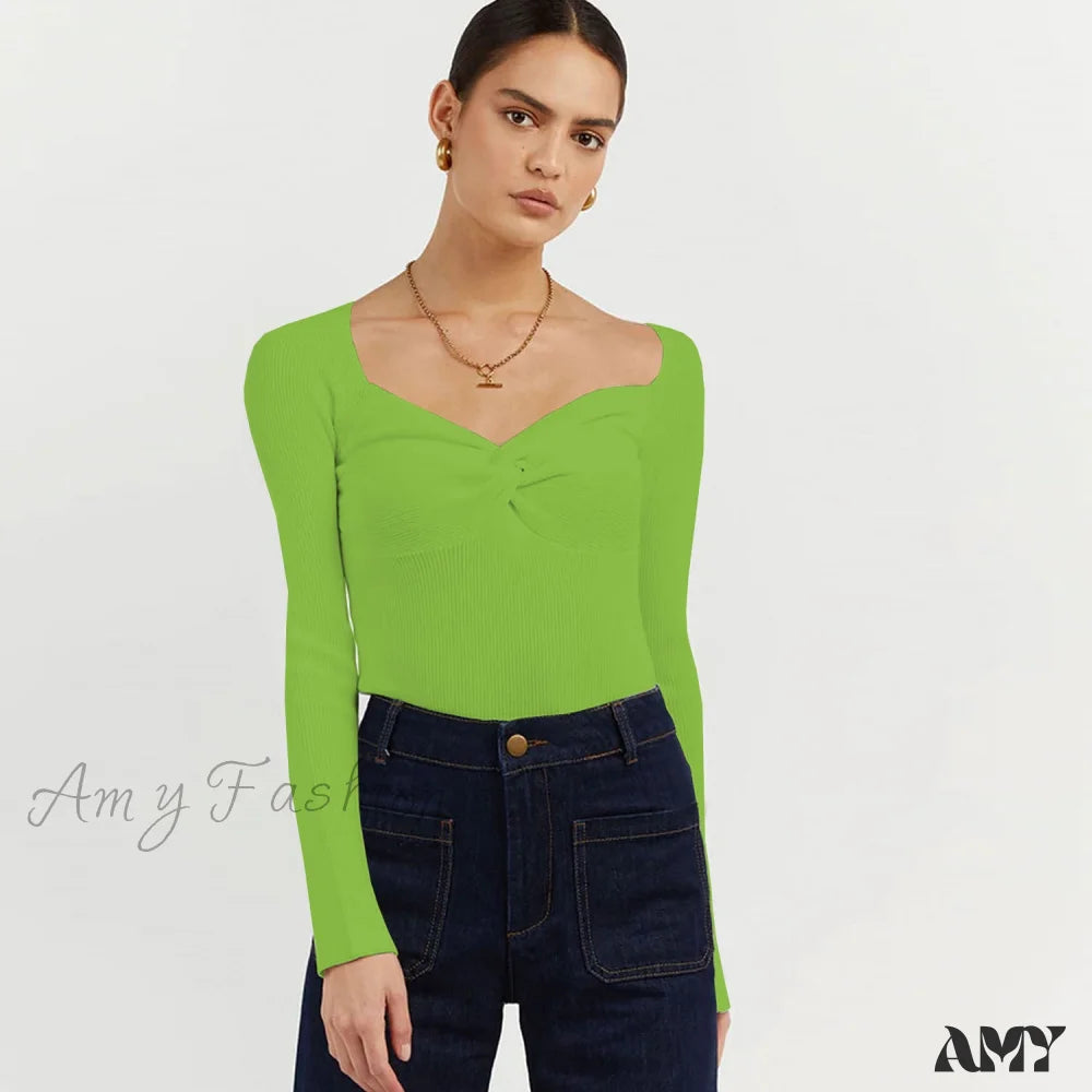 Amy Fashion - Chic Square Collar Short Sweaters Pullover Grass Green / S