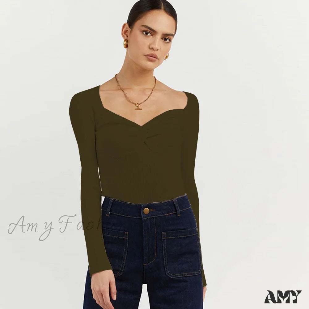 Amy Fashion - Chic Square Collar Short Sweaters Pullover Olive Green / S