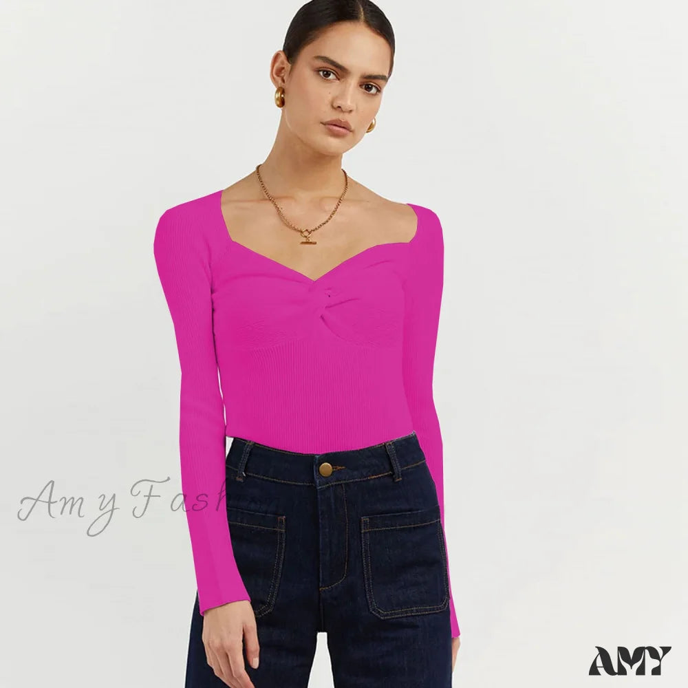 Amy Fashion - Chic Square Collar Short Sweaters Pullover Rose Red / S