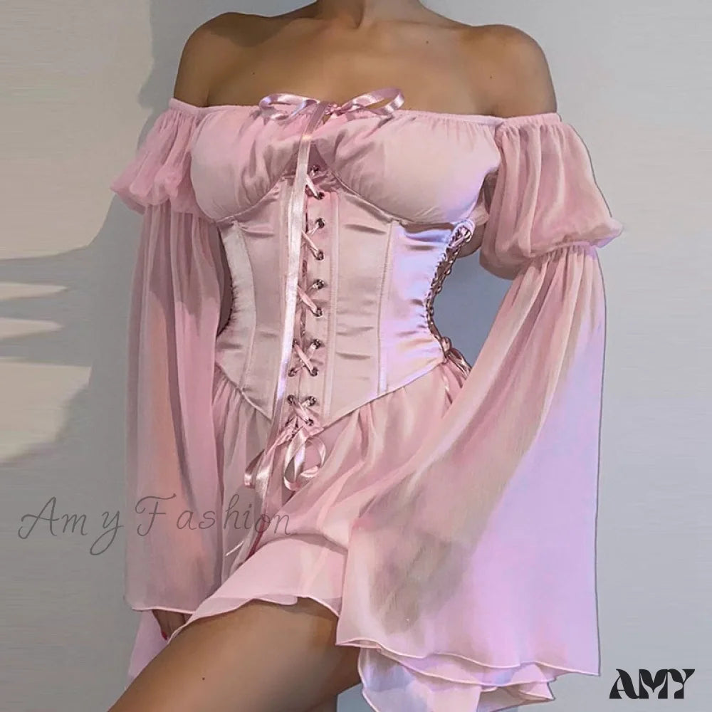 Amy Fashion - Chiffon Bandage Corset Long Puff Sleeve Sundress