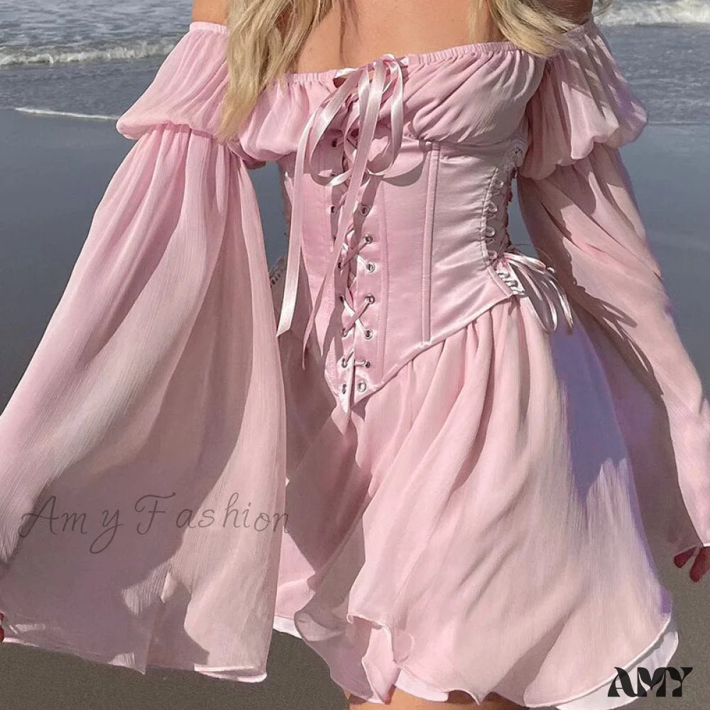 Amy Fashion - Chiffon Bandage Corset Long Puff Sleeve Sundress Only Pink Dress / S