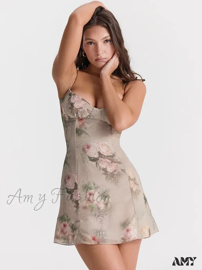 Amy Fashion - Chiffon Floral Print Spaghetti Strap Backless Boho Dress