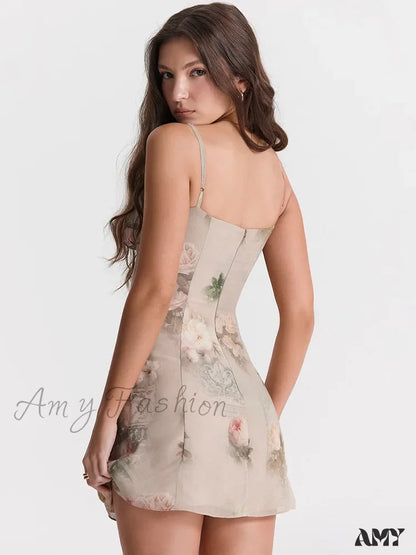 Amy Fashion - Chiffon Floral Print Spaghetti Strap Backless Boho Dress