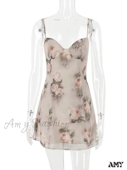 Amy Fashion - Chiffon Floral Print Spaghetti Strap Backless Boho Dress