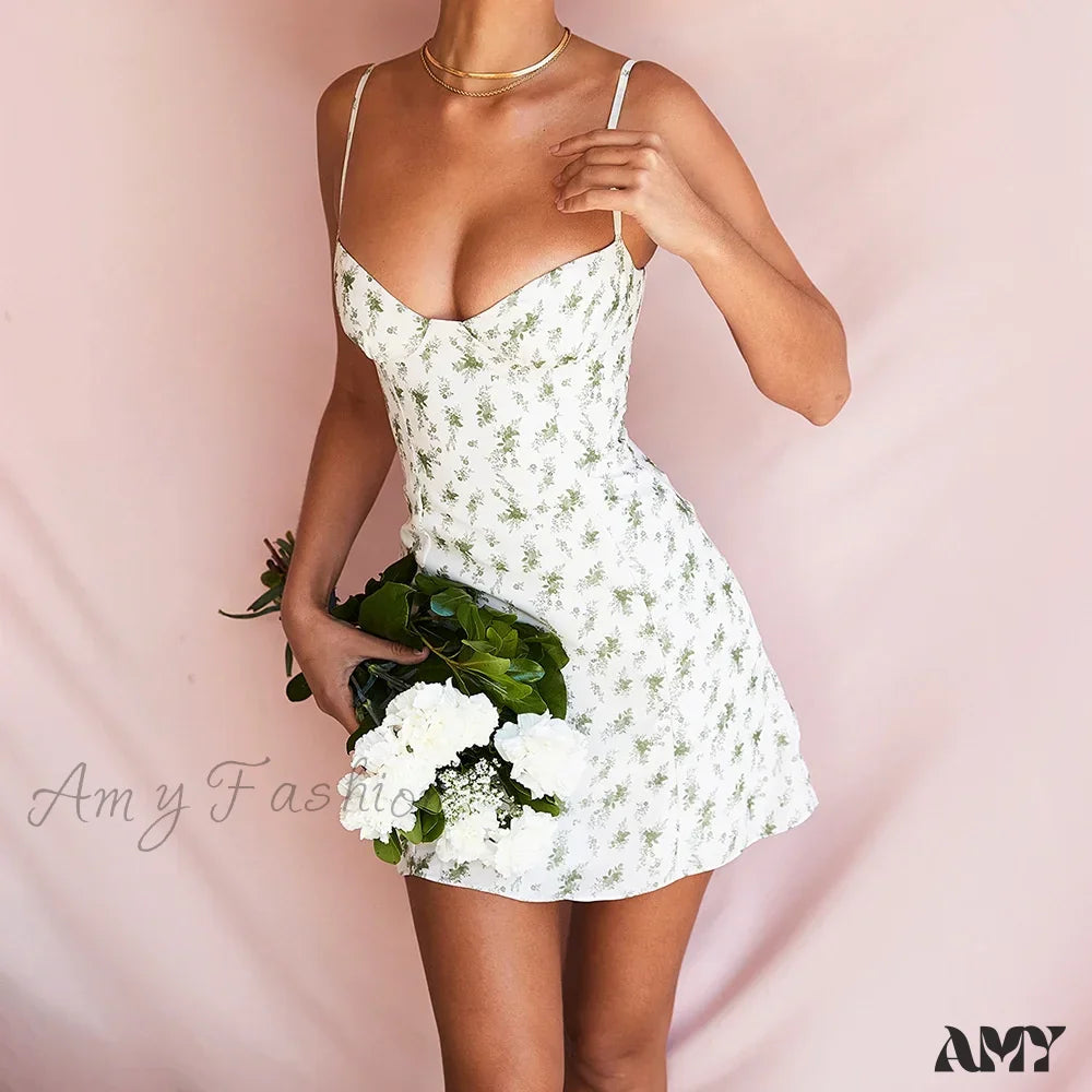 Amy Fashion - Chiffon Floral Print Spaghetti Strap Backless Boho Dress Green / Xs