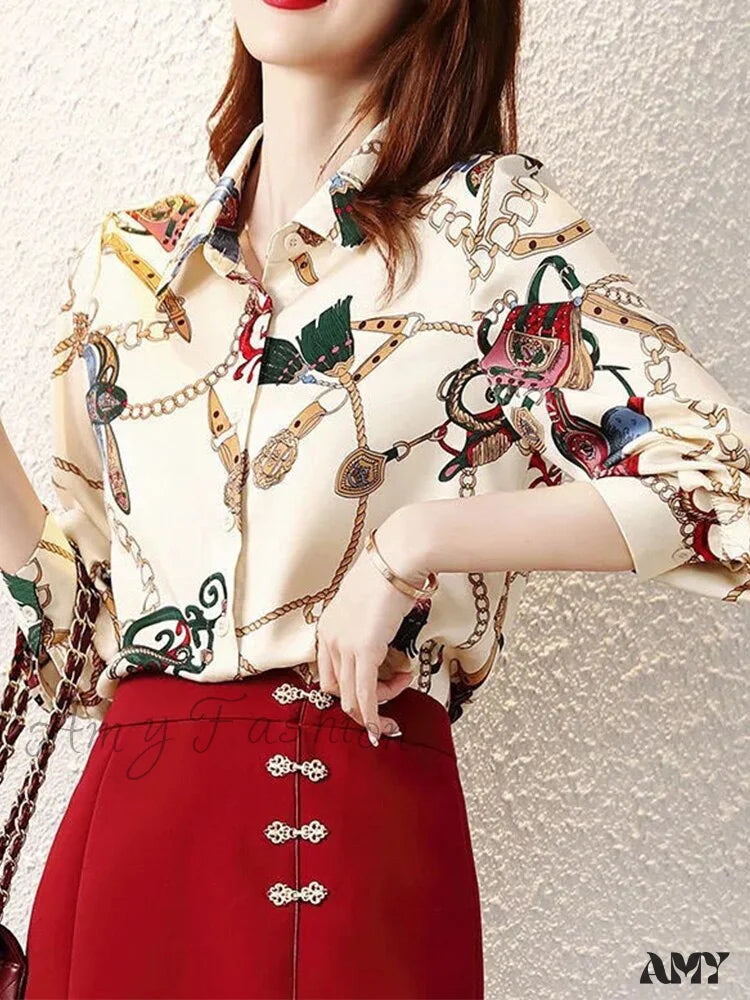 Amy Fashion - Chiffon Turn-Down Collar Long Sleeve Vintage Shirt