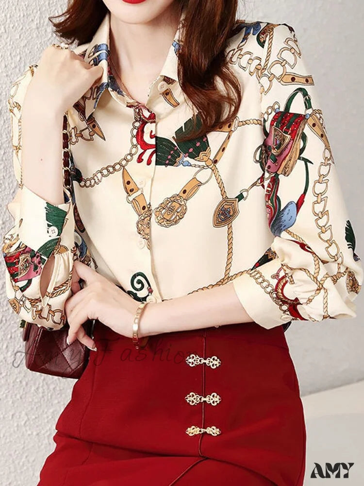 Amy Fashion - Chiffon Turn-Down Collar Long Sleeve Vintage Shirt