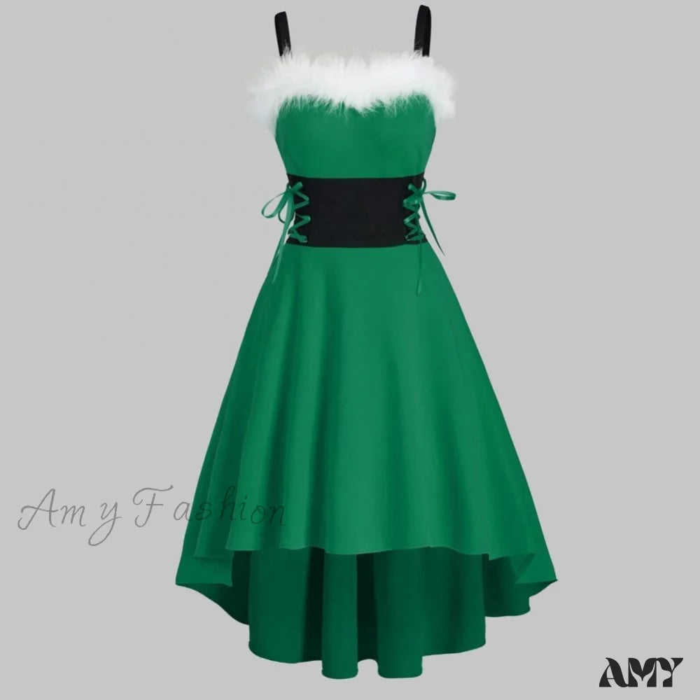 Amy Fashion - Christma Off Shoulder Contrast Color Patchwork High Low Dress