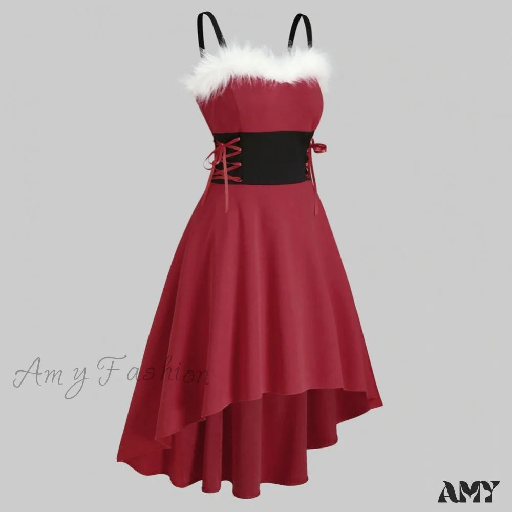 Amy Fashion - Christma Off Shoulder Contrast Color Patchwork High Low Dress