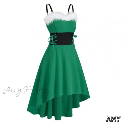 Amy Fashion - Christma Off Shoulder Contrast Color Patchwork High Low Dress Green / M