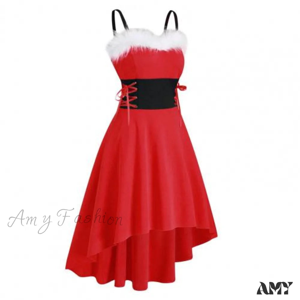 Amy Fashion - Christma Off Shoulder Contrast Color Patchwork High Low Dress Red / M