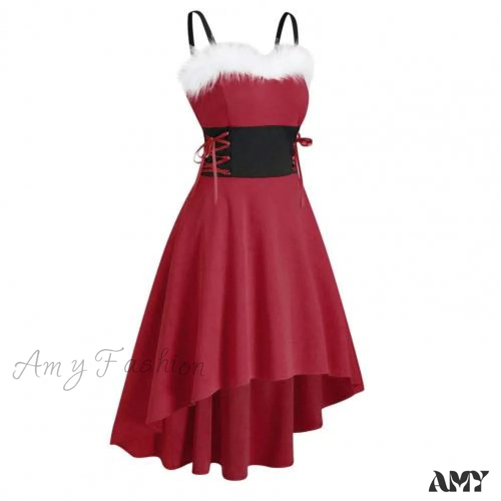 Amy Fashion - Christma Off Shoulder Contrast Color Patchwork High Low Dress Wine Red / M