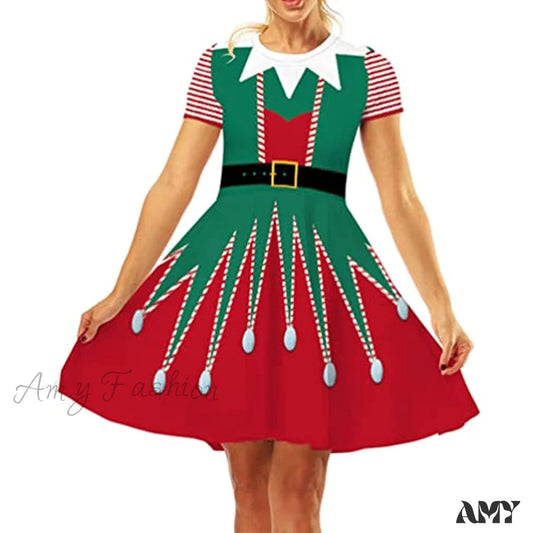 Amy Fashion - Christmas 3D Print Short Sleeve Unique Casual Flared Midi Dress