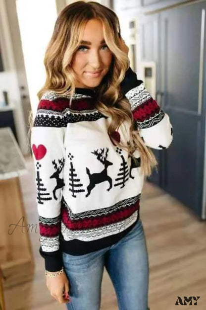 Amy Fashion - Christmas Classic Deer Printed Knitted Sweater Black / S