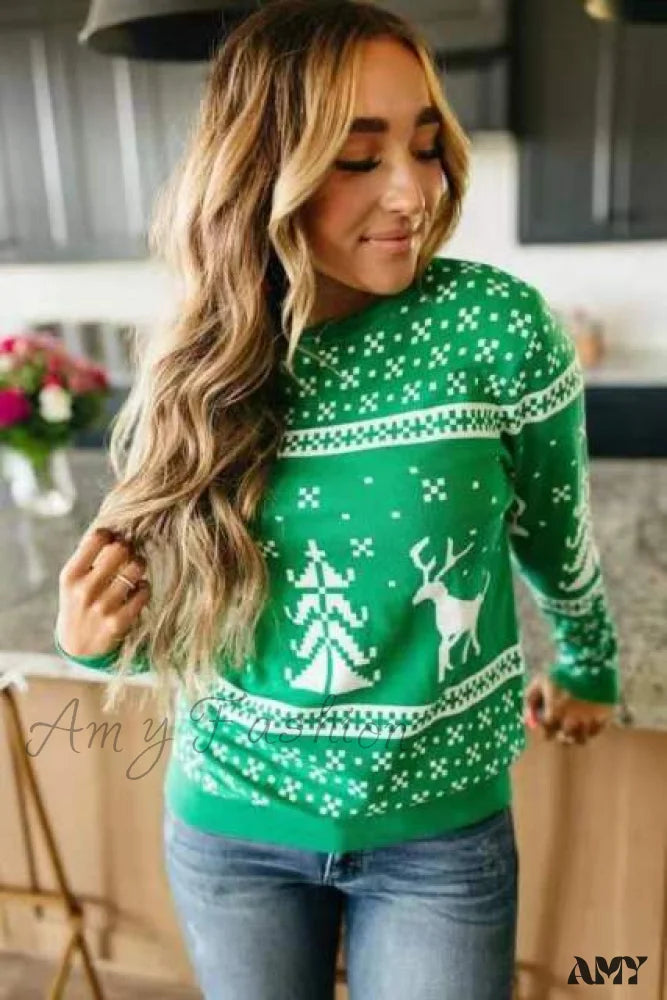 Amy Fashion - Christmas Classic Deer Printed Knitted Sweater Green / S