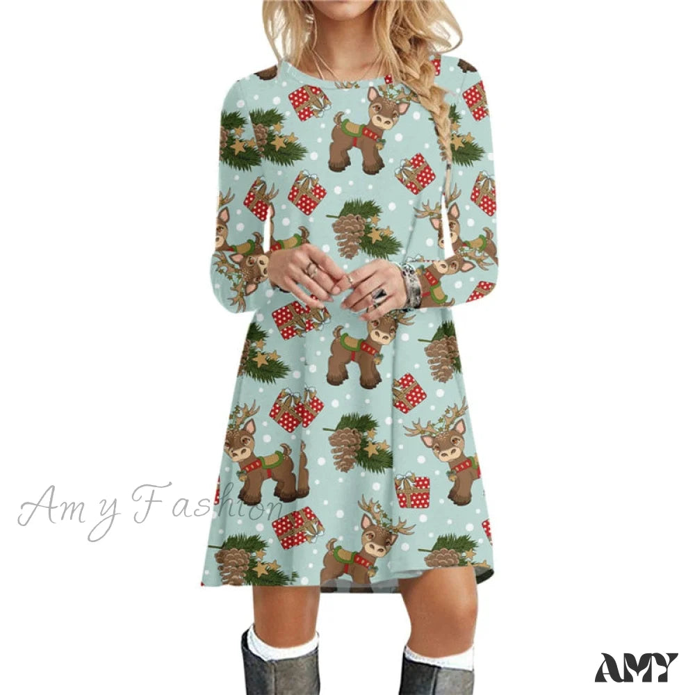 Amy Fashion - Christmas Deer Long Sleeve 3D Print Mini Dress