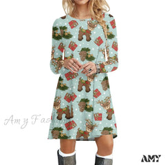 Amy Fashion - Christmas Deer Long Sleeve 3D Print Mini Dress